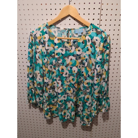 Cece By Cynthia Steffe Green Large Floral Blouse Top Long Sleeve - Picture 1 of 4